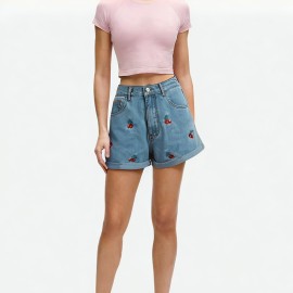 Cherry Embroidered Wide-Leg Shorts