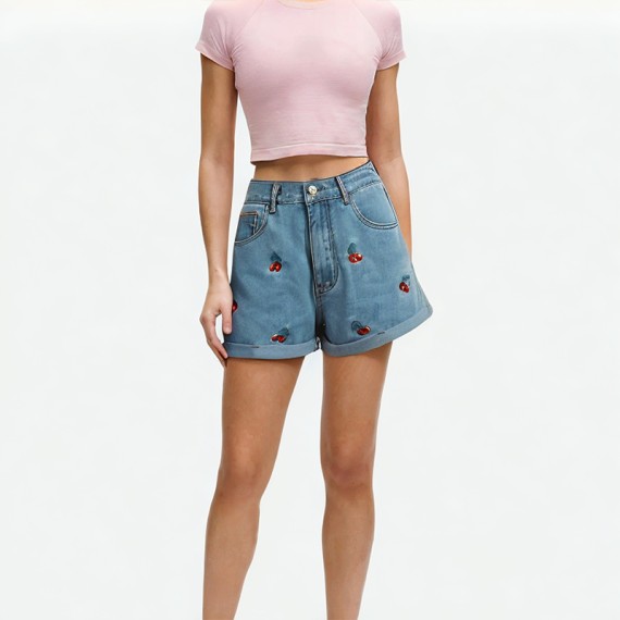 Cherry Embroidered Wide-Leg Shorts